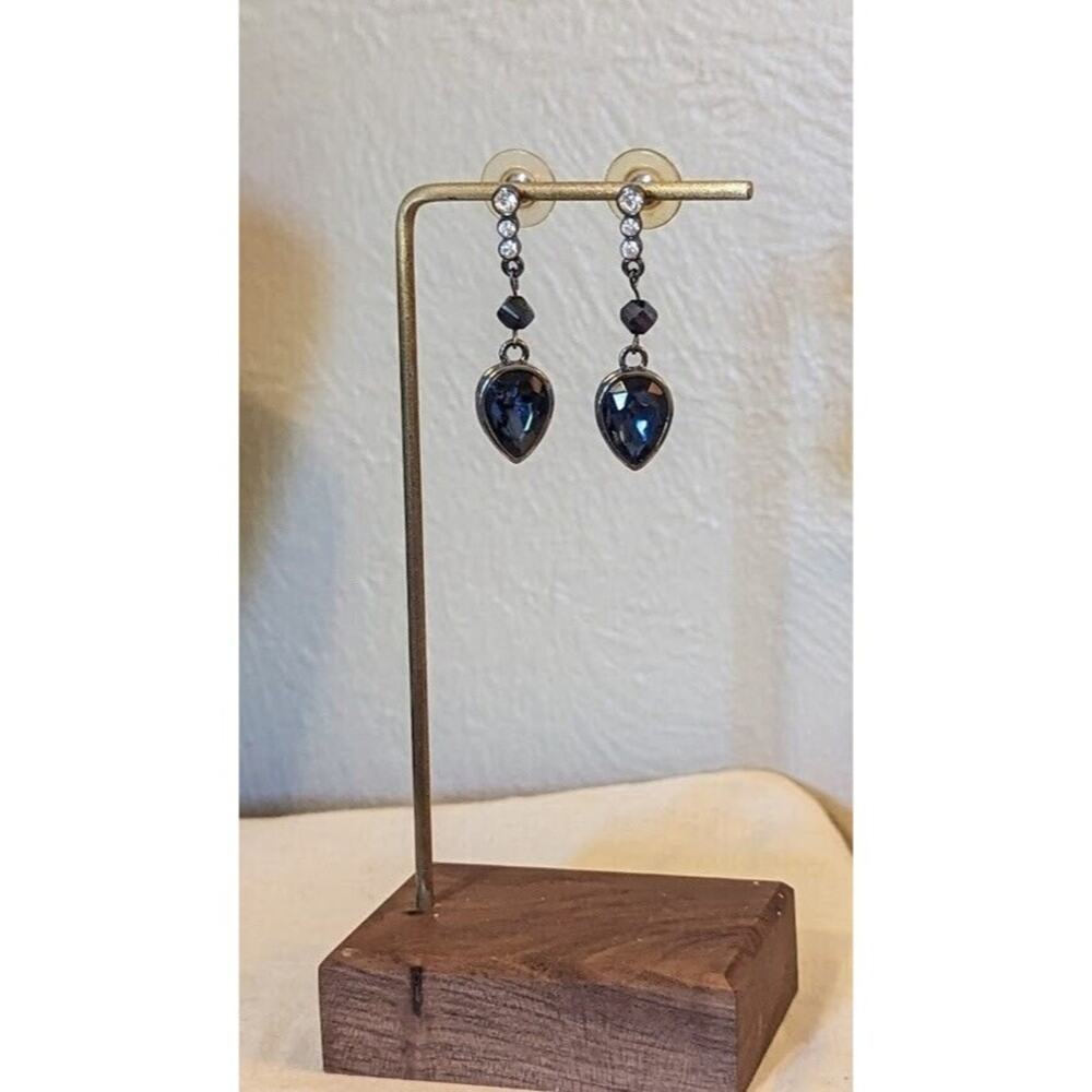 Vera Wang Blue Crystal and Rhinestone Dangle Post Gun Metal Earrings for women.